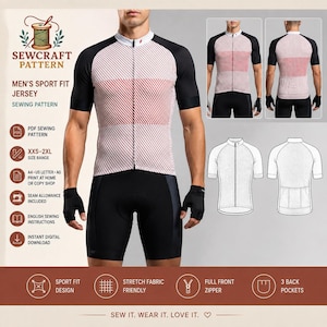 May include: A sport fit jersey sewing pattern titled SEWCRAFT PATTERN. The jersey features short black sleeves and a white torso with red diagonal stripes. Includes a full front zipper, three back pockets, and technical illustrations of the front and back.