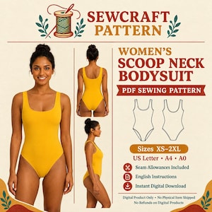 May include: A digital sewing pattern for a scoop neck bodysuit, featuring text reading SEWCRAFT PATTERN, WOMEN'S SCOOP NECK BODYSUIT, PDF SEWING PATTERN, Sizes XS-2XL, US Letter, A4, A0, Seam Allowances Included, English Instructions, Instant Digital Download.