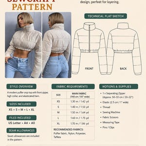 May include: A PDF sewing pattern for a beige zipper crop puffer top. The document includes a technical flat sketch showing front and back views, a style overview, fabric requirements in meters and yards, and a list of necessary notions and supplies.