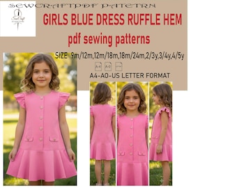 Girls Blue Dress Ruffle Hem -Sewing Pattern - Downloadable PDF Sewing Pattern |A4 US Letter Printable | Instant Downloadable
