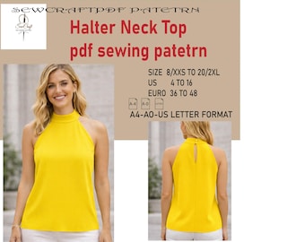 Patrón de costura para top con cuello halter, blusa de verano, espalda descubierta con lazo (descarga digital)