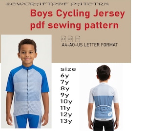 Wzór na koszulkę kolarską dla chłopców | Wzór do szycia w formacie PDF do pobrania | Format A4 US Letter do druku | Możliwość natychmiastowego pobrania | Wzór na bluzkę sportową