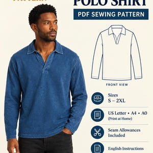 May include: A digital sewing pattern for a long-sleeve polo shirt with a collar and V-neckline. The document includes a front view line drawing, size range S-2XL, and instructions for US Letter, A4, and A0 printing formats.