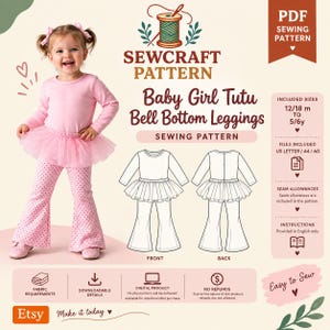 Peut inclure: Un patron de couture numérique pour leggings à bas évasés et tutu pour bébé. L'image montre un enfant portant un haut rose à manches longues avec un tutu et un legging à pois évasé, ainsi que des dessins techniques du vêtement.