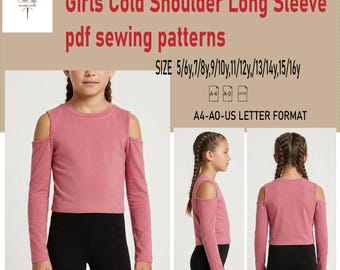 Girls cold shoulder long sleeve-Sewing Pattern - Downloadable PDF Sewing Pattern |A4 US Letter Printable | Instant Downloadable