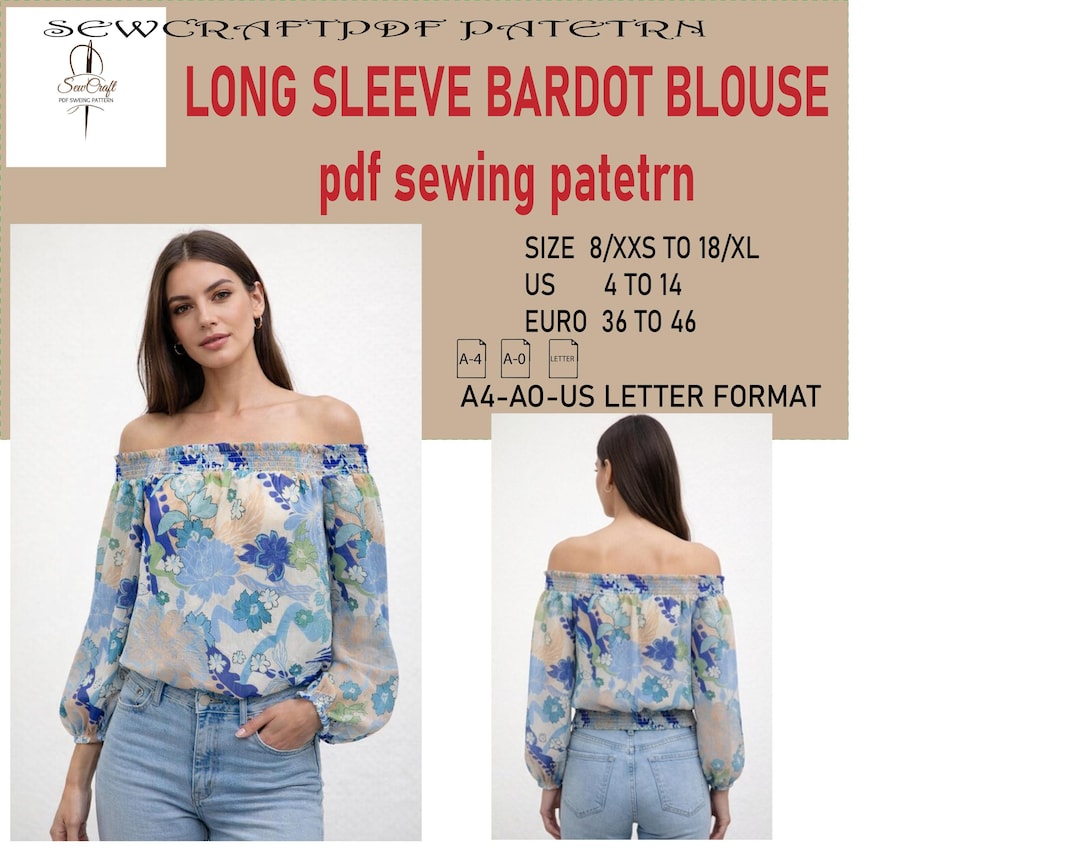 Long Sleeve Bardot Blouse Sewing Pattern – off Shoulder Top DIY ...