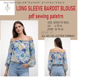 Langarm Bardot Bluse Schnittmuster - Schulterfreies Top DIY (Digitaler Download)