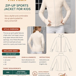 May include: A digital sewing pattern for a cream-coloured zip-up sports jacket. The pattern includes a high collar, front zip closure, long raglan sleeves with thumb openings, and princess seams. The document lists sizes 3/4Y to 11/12Y and fabric requirements.