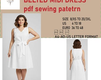 Midi-Kleid mit Gürtel PDF Schnittmuster | Herunterladbares PDF Schnittmuster | A4 US Letter Printable | Sofort Downloadbar|Midi Kleid mit Gürtel