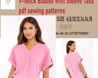 V-Neck Blouse with Sleeve Tabs Sewing Pattern - Downloadable PDF Sewing Pattern |A4 US Letter Printable | Instant Downloadable