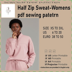 May include: A pink half-zip sweatshirt and matching pants are shown. The image includes text indicating the pattern is for sizes XS to 3XL, US sizes 6 to 20, and Euro sizes 38 to 50. The pattern is a PDF sewing pattern.