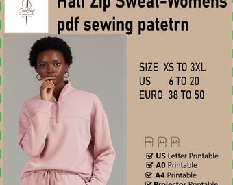 Sweat-shirt à demi-fermeture éclair pour femme|Patron de couture PDF téléchargeable |A4 US Letter imprimable | Téléchargeable immédiatement|Pull décontracté confortable