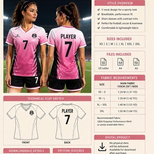 May include: A digital PDF sewing pattern for a football top, featuring a V-neck, short sleeves, and a pink and white gradient design with black side panels. The document includes technical flat sketches, size charts from XS to 3XL, fabric requirements in inches and yards, and instructions for printing on US Letter, A4, or A0 paper.