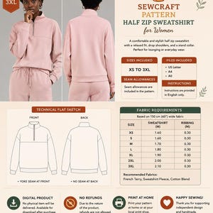 Puede incluir: Un patrón de costura digital para una sudadera con media cremallera en tallas de XS a 3XL. La imagen muestra una sudadera rosa, bocetos técnicos del frente y la espalda, requisitos de tela en metros y formatos de archivo US Letter, A4 y A0.