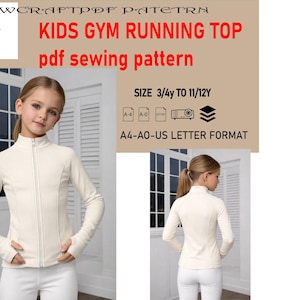 Può includere: Una ragazza indossa un top sportivo color crema con zip e pantaloni bianchi. L'immagine include il testo "KIDS GYM RUNNING TOP pdf sewing pattern" e dettagli delle taglie per bambini dai 3/4 agli 11/12 anni.