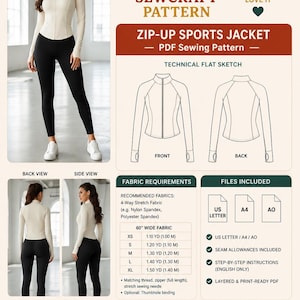 May include: A digital sewing pattern for a zip-up sports jacket, featuring technical flat sketches of the front and back, fabric requirements in yards and metres, and file format information including US Letter, A4, and A0 sizes for printing.