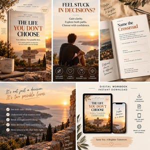 May include: A digital workbook titled The Life You Don't Choose, featuring a sunset landscape, a person overlooking a coastal view, and guided pages for decision-making. The set includes a tablet and smartphone display showing the cover art.