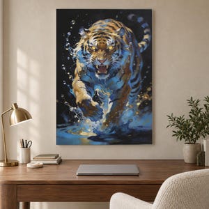 May include: A vertical wall art print featuring a tiger with glowing yellow eyes leaping forward through dark water. The tiger has orange and black stripes, and the scene is filled with dynamic blue and white water splashes against a black background.