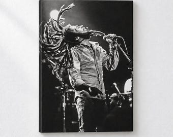 Puede incluir: Un lienzo en blanco y negro que muestra a un músico con rastas cantando en un micrófono sobre un escenario. El artista viste una camisa abotonada y aparece en una pose dinámica con la cabeza inclinada hacia atrás, rodeado de equipo.