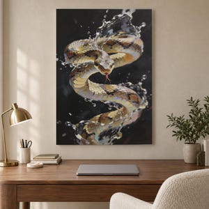 May include: A rectangular wall art print featuring a detailed illustration of a snake with brown and tan scales, coiled and emerging from a splash of water against a solid black background, with its red tongue flicking out toward the viewer.