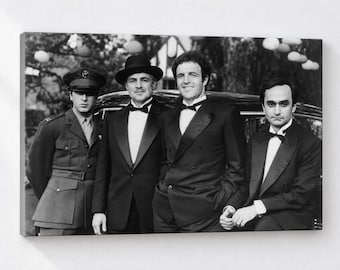 May include: A black and white canvas print featuring four men standing in front of a car. One man wears a military uniform, while the other three are dressed in formal tuxedos with bow ties. The man in the center wears a fedora hat.