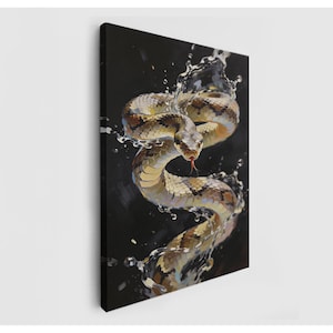 May include: A rectangular canvas print featuring a detailed illustration of a brown and tan patterned snake emerging from a splash of water against a solid black background. The snake has a visible forked tongue and textured scales.