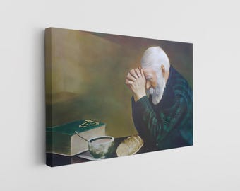 Praying Man Canvas Art, Grace Painting Wall Decor - Religious Christian Print of Man Giving Thanks, Spiritual Farmhouse Kitchen, Dining Room