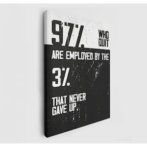 May include: A motivational canvas print with a black and white design. The text reads "97% who quit are employed by the 3% that never gave up." The artwork has a distressed, textured appearance.