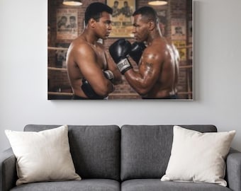 May include: A rectangular wall art print featuring a photograph of two shirtless boxers, Muhammad Ali and Mike Tyson, facing each other in a boxing ring. Both athletes wear black Everlast boxing gloves. The background shows a blurred boxing gym.
