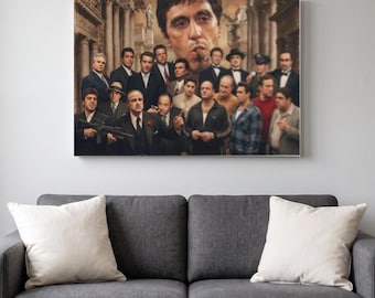May include: A rectangular wall art print featuring a collage of characters from the film Scarface, with a large portrait of Tony Montana smoking a cigar at the top, surrounded by various men in suits and casual attire in a grand hall.