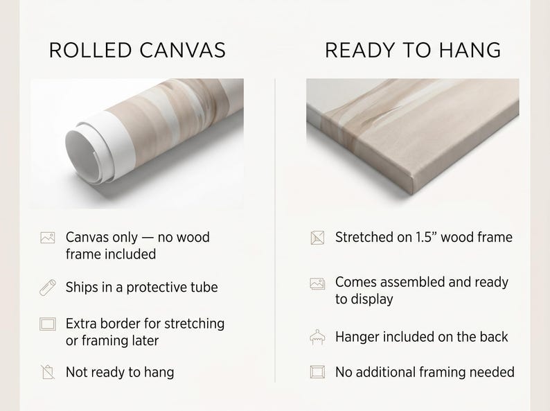 The image is a comparison between two types of canvas artwork: rolled and ready to hang.