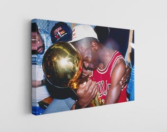 Basketball Legend Canvas, Jordan Crying with Trophy - Iconic First Championship, Man Cave Decor & Sports Fan Gift for Him
