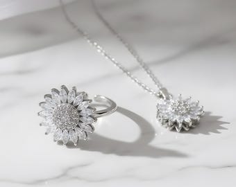 Zonnebloem spinner ketting en ring set angst fidget sieraden roterende bloem roestvrij staal cadeau voor haar mindfulness ADHD