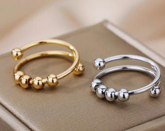 Anello anti-ansia con perline, anello anti-stress per la consapevolezza, anello girevole regolabile in acciaio inossidabile, gioielli anti-stress, anello minimalista in oro e argento