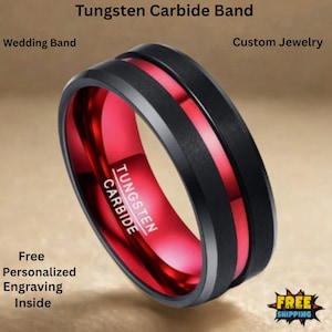 Men's Red Black Tungsten Ring 8mm Personalized Wedding Band
