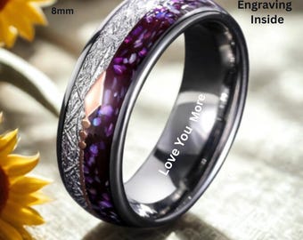 Anillo de boda de tungsteno de 8 mm con incrustaciones de meteorito de ágata morada y flecha de oro rosa para hombre