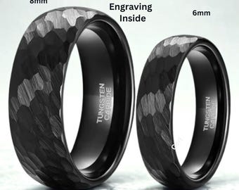 Black Obsidian Hammered Tungsten Ring Sandblasted 6mm 8mm, Black Wedding Band for Couples