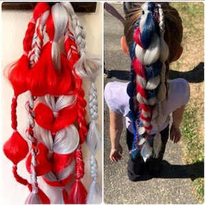May include: Two images side-by-side. The left image shows a red, white, and gray braided hair extension. The right image shows a child with a long braid in red, white, and blue. The braids are thick and decorative.