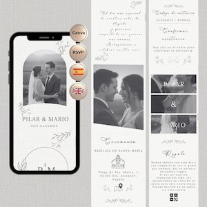Peut inclure: Une invitation de mariage numérique sur un écran de smartphone. L'invitation présente des photos du couple, les noms "Pilar & Mario" et des détails sur la cérémonie. Le design comprend des accents floraux et du texte en espagnol.
