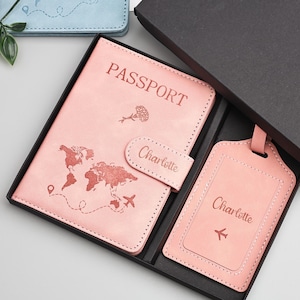 Custom Passport Holder, Custom Luggage Tag, Custom PU Leather RFID Passport Cover, Engraved Passport Wallet with Luggage Tag, Travel Ideas