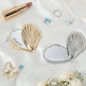 Espejo de maquillaje personalizado con forma de concha, espejo de bolsillo con nombre, recuerdo de boda, espejo con nombre, regalo para despedida de soltera, regalo para damas de honor, maquillaje de boda