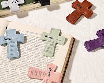 Custom Cross Leather Bookmark, Bible Verse Bookmark Clip, Engraved Magnetic Bookmark, Baptism/Confirmation Gift, Gift for Book Lover