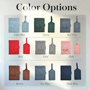 May include: A display of passport holders and luggage tags in various colors, including light blue, green, sea grey, red, grey, pink, brown, sea blue, and dark blue. Each passport holder features a world map design.