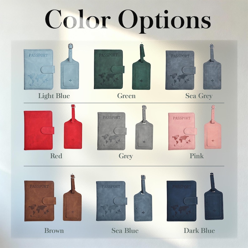May include: A display of passport holders and luggage tags in various colors, including light blue, green, sea grey, red, grey, pink, brown, sea blue, and dark blue. Each passport holder features a world map design.