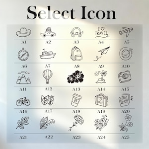 May include: A clear sheet with the text "Select Icon" at the top. Below are 25 black line art icons, including a hat, car, headphones, airplane, compass, boat, backpack, mountains, hot air balloon, flowers, camera, bicycle, map, coffee cup, suitcase, and photos.