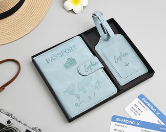 Custom Passport Holder, Personalized Luggage Tag, Custom Leather RFID Passport Cover, Engraved Passport Wallet with Luggage Tag,Travel Gifts