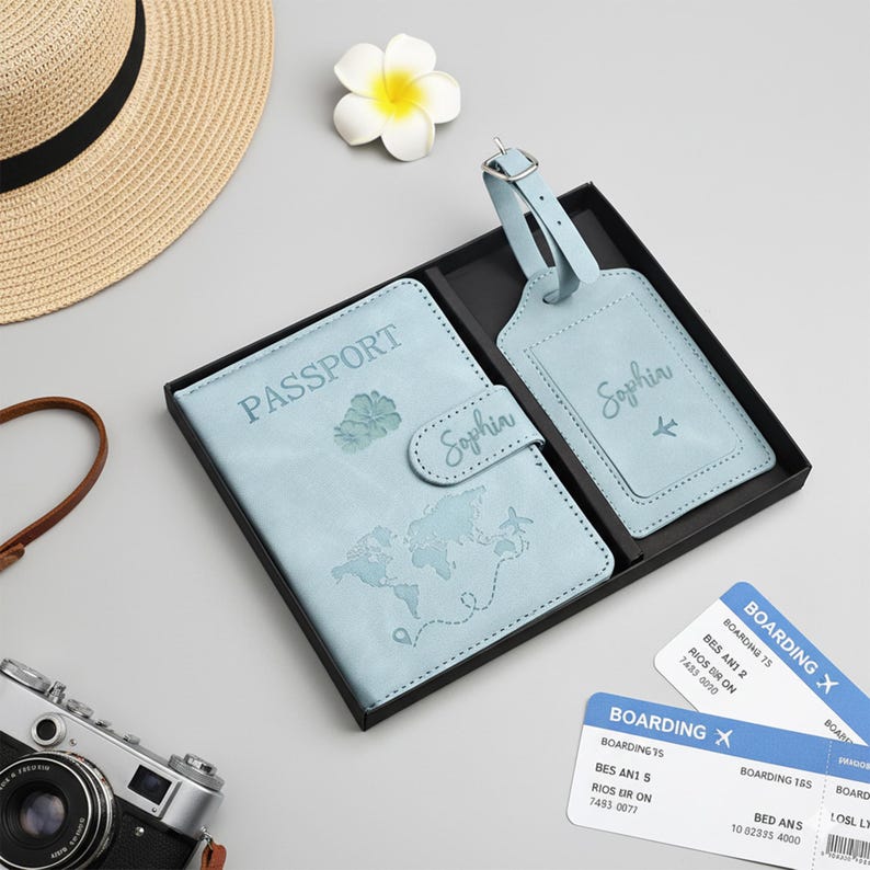 Custom Passport Holder, Personalized Luggage Tag, Custom Leather RFID Passport Cover, Engraved Passport Wallet with Luggage Tag,Travel Gifts image 1