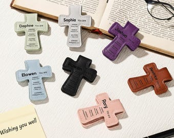 Name Cross Leather Bookmark, Bible Verse Bookmark Clip, Engraved Magnetic Bookmark, Baptism/Confirmation Gift, Book Accessory, Reader Gift