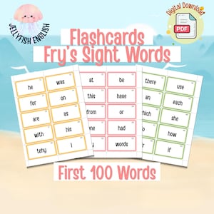 May include: Educational flashcards for learning sight words. The cards are in three stacks, each with a different color border: yellow, pink, and green. The text "Flashcards Fry's Sight Words" is at the top, and "First 100 Words" is at the bottom.