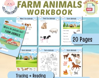 May include: A 20-page digital download farm animals workbook for ages 3-6, featuring tracing, reading, and fine motor skills activities. The workbook includes colorful illustrations of farm animals, barns, and landscapes, with text such as Farm Animals, Meet the Animals, and Find the Animals.